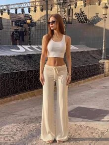Sweetina 女式白色针织腰带配串珠抽绳直筒宽松休闲度假裤 - 白色 - 查看 1
