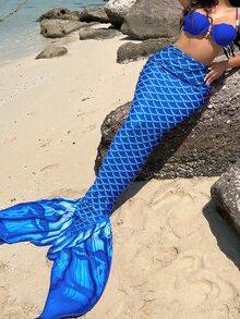 Swim Vcay Fish Scales Print Mermaid Tail Skirt,Summer Beach - Blue - View 8
