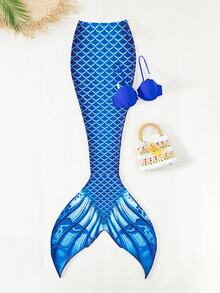 Swim Vcay Fish Scales Print Mermaid Tail Skirt,Summer Beach - Blue - View 6