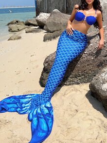 Swim Vcay Fish Scales Print Mermaid Tail Skirt,Summer Beach - Blue - View 7