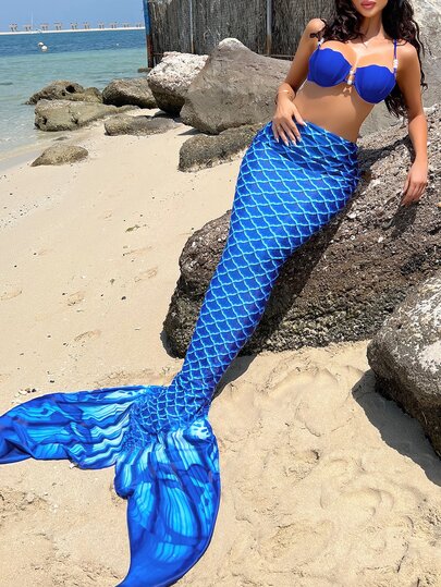 SHEIN Swim Fish Scales Print Mermaid Tail Skirt,Summer Beach