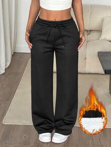 SHEIN PETITE Women's Casual Drawstring Waist Pocket Versatile Long Pants For Daily Wear - Black - View 8