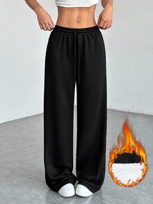 SHEIN PETITE Women's Casual Drawstring Waist Pocket Versatile Long Pants For Daily Wear - Black - View 3