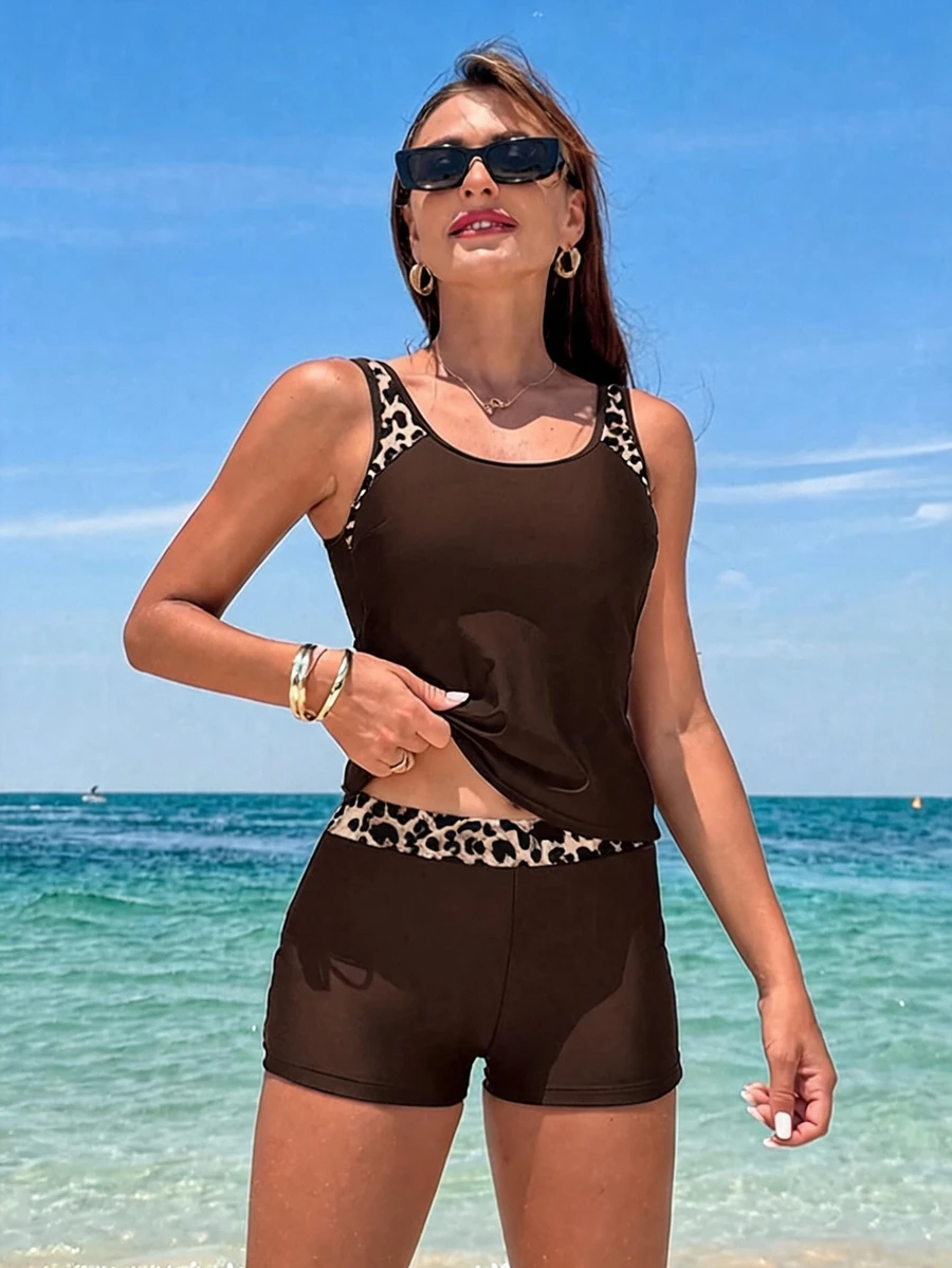 Swim Lushoire Chocolate Brown Patchwork Two-Piece Swimwear Set Beach Summer Sexy - Brown - View 1
