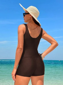 Swim Lushoire Chocolate Brown Patchwork Two-Piece Swimwear Set Beach Summer Sexy - Brown - View 7