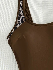 Swim Lushoire Chocolate Brown Patchwork Two-Piece Swimwear Set Beach Summer Sexy - Brown - View 5