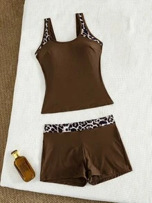 Swim Lushoire Chocolate Brown Patchwork Two-Piece Swimwear Set Beach Summer Sexy - Brown - View 3