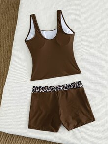 Swim Lushoire Chocolate Brown Patchwork Two-Piece Swimwear Set Beach Summer Sexy - Brown - View 2