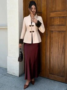 EastFlair Women's Elegant Regular Jacket With Patchwork Fur Cuffs And Frog Button Design Fall/Winter - Beige - View 3
