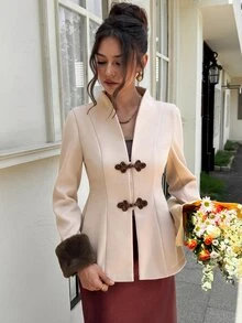 EastFlair Women's Elegant Regular Jacket With Patchwork Fur Cuffs And Frog Button Design Fall/Winter - Beige - View 5