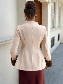 EastFlair Women's Elegant Regular Jacket With Patchwork Fur Cuffs And Frog Button Design Fall/Winter - Beige - View 6