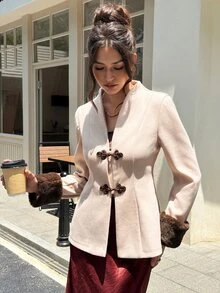 EastFlair Women's Elegant Regular Jacket With Patchwork Fur Cuffs And Frog Button Design Fall/Winter - Beige - View 4