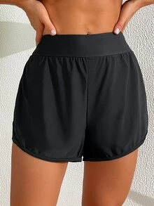 SHEIN Swim 女士夏季海灘純色彈性腰板短褲，適合度假和泳池穿著 - 黑色 - 查看 5