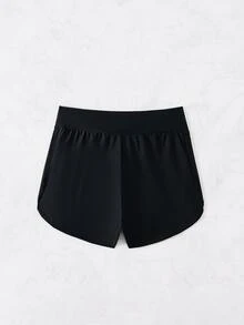SHEIN Swim 女士夏季海灘純色彈性腰板短褲，適合度假和泳池穿著 - 黑色 - 查看 9