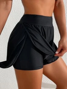 SHEIN Swim 女士夏季海灘純色彈性腰板短褲，適合度假和泳池穿著 - 黑色 - 查看 2