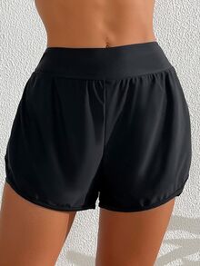 SHEIN Swim 女士夏季海灘純色彈性腰板短褲，適合度假和泳池穿著 - 黑色 - 查看 4