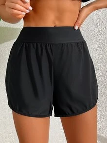 SHEIN Swim 女士夏季海灘純色彈性腰板短褲，適合度假和泳池穿著 - 黑色 - 查看 6