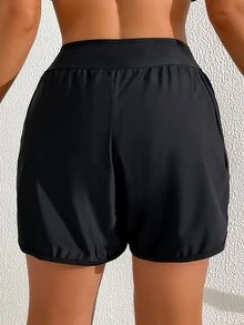 SHEIN Swim 女士夏季海灘純色彈性腰板短褲，適合度假和泳池穿著 - 黑色 - 查看 3