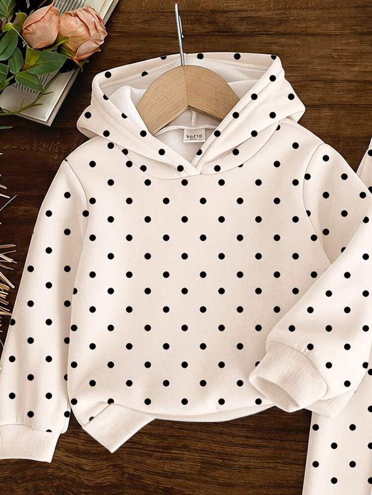 Cream White Baby Girl Casual Fashion Vintage Polka Dot Print Hooded Drop Shoulder Loose Sweatshirt And Casual Loose Pants 2 Pieces Set, Suitable For Autumn/Winter Daily, Sports, Back To School, Outings, Music Festivals, American Street Style, Sweet Cool Lazy, Relaxed Fashion, Girly Style - Multicolor - View 6