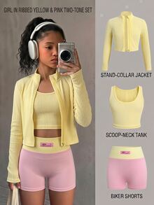 SHEIN Kids Tween Girl Yellow Pink Color Block Long Sleeve Mock Neck Jacket Camisole, Shorts 3pcs Set Sport, Active Wear - Multicolor - View 12