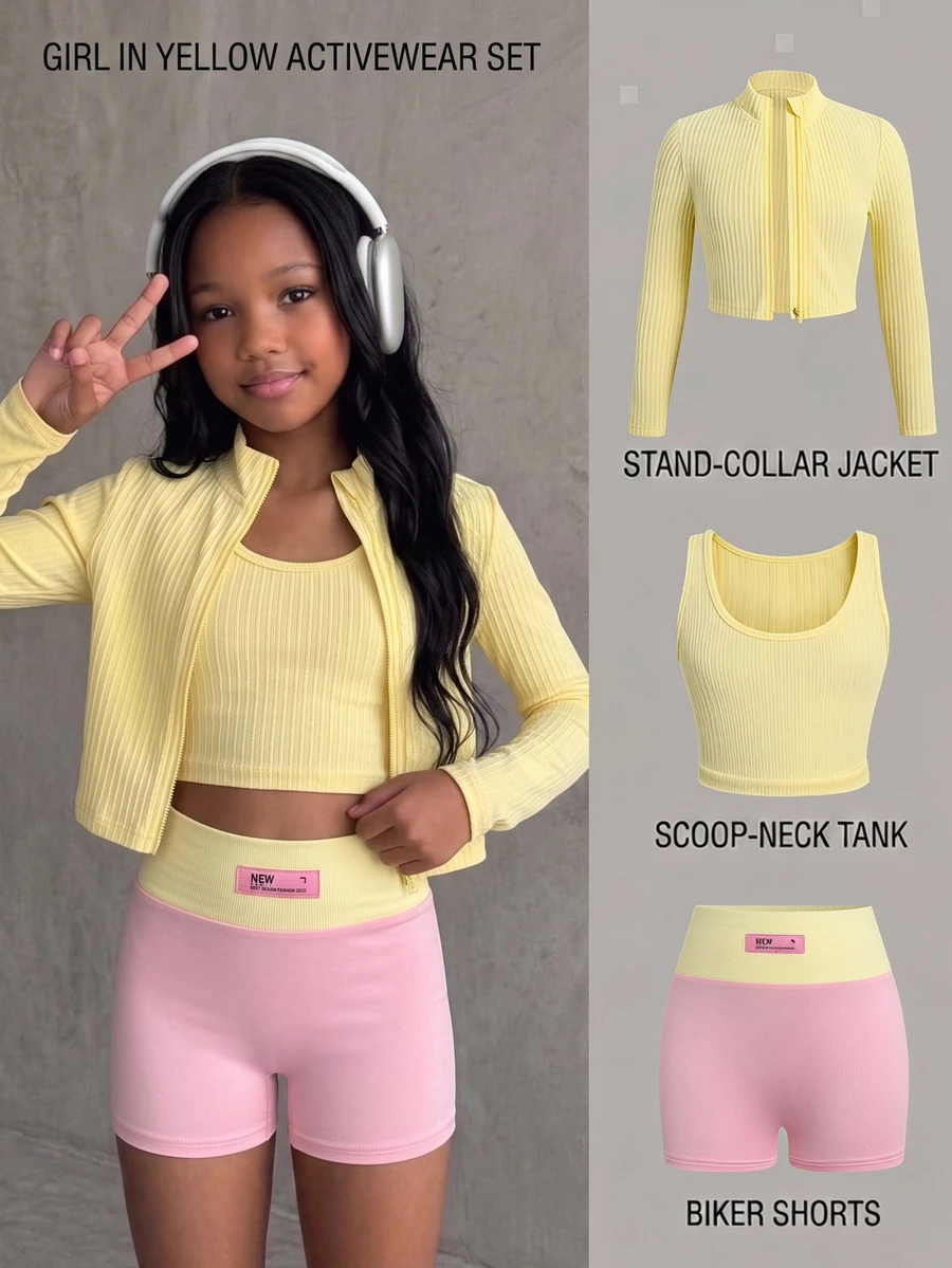 SHEIN Kids Tween Girl Yellow Pink Color Block Long Sleeve Mock Neck Jacket Camisole, Shorts 3pcs Set Sport, Active Wear - Multicolor - View 1