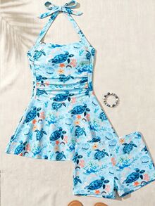 Swim Lushoire Women Sea Turtle & Starfish Print Halter Ruched One-Piece Swim Dress, Summer Beach Vacation - Multicolor - View 7