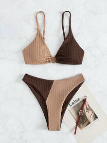SHEIN Swim 撞色羅紋比基尼套裝環鏈吊帶文胸和泳衣下裝2入組泳衣 - 彩色 - 查看 7