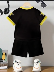 2pcs/Set Young Boys' Casual Numeric 67 Badge,Star Striped Colorblock Letter Graphic Print Short Sleeve T-Shirt And Shorts,Comfortable Outfit,Summer - Multicolor - View 2