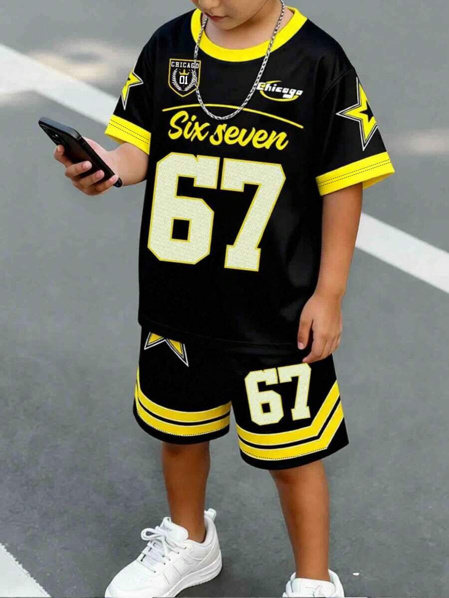 2pcs/Set Young Boys' Casual Numeric 67 Badge,Star Striped Colorblock Letter Graphic Print Short Sleeve T-Shirt And Shorts,Comfortable Outfit,Summer - Multicolor - View 1