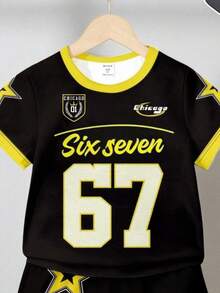 2pcs/Set Young Boys' Casual Numeric 67 Badge,Star Striped Colorblock Letter Graphic Print Short Sleeve T-Shirt And Shorts,Comfortable Outfit,Summer - Multicolor - View 5