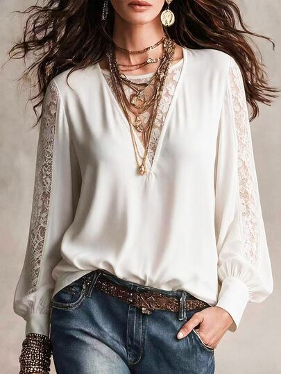 Breezaya Women's Lace Long Sleeve Blouse, Suitable For Autumn/Winter Wear, Casual Elegant Commute Outfit, Suitable For Wedding Guest Attire