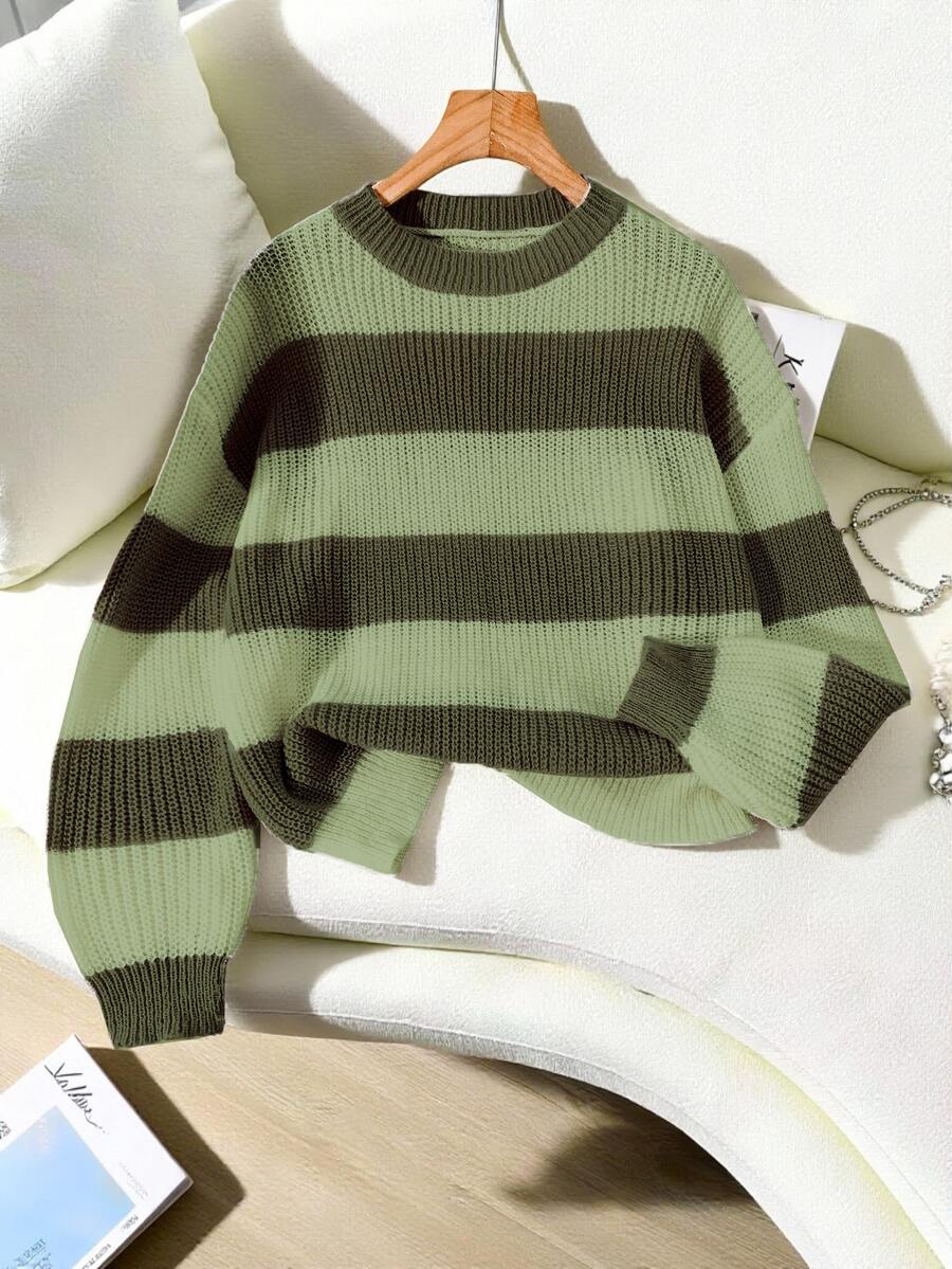 Franclia Women's Green Striped Crew Neck Long Sleeve Casual Pullover Sweater Everyday School Autumn - Multicolor - View 1