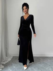 SHEIN Elenzya Busana Musim Gugur untuk Wanita: Gaun Bodycon Beludru Hitam Leher V Dalam Lengan Panjang dengan Belahan, Gaun Malam Elegan - Hitam - View 5