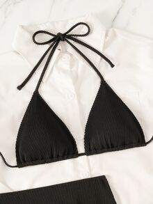 Swim SXY 女款夏季海灘純色掛脖綁帶性感比基尼三角泳褲泳衣套裝附迷你裙 - 黑色 - 查看 6
