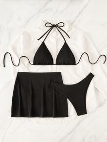 Swim SXY 女款夏季海灘純色掛脖綁帶性感比基尼三角泳褲泳衣套裝附迷你裙 - 黑色 - 查看 5