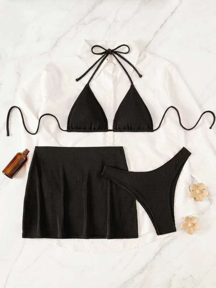 Swim SXY Women's Summer Beach Solid Color Halter Tie Sexy Bikini And Triangle Panty Swimwear Set With Mini Skirt - Black - View 3