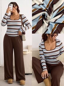 SHEIN Frenchy Plus Size Autumn Casual Striped Top And Solid Color Pants 2 Pieces Set Casual Daily Going Out Sets For Women Casual 2 Pieces Set For Women Fall/Winter - Multicolor - View 5