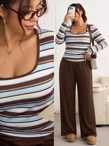SHEIN Frenchy Plus Size Autumn Casual Striped Top And Solid Color Pants 2 Pieces Set Casual Daily Going Out Sets For Women Casual 2 Pieces Set For Women Fall/Winter - Multicolor - View 2