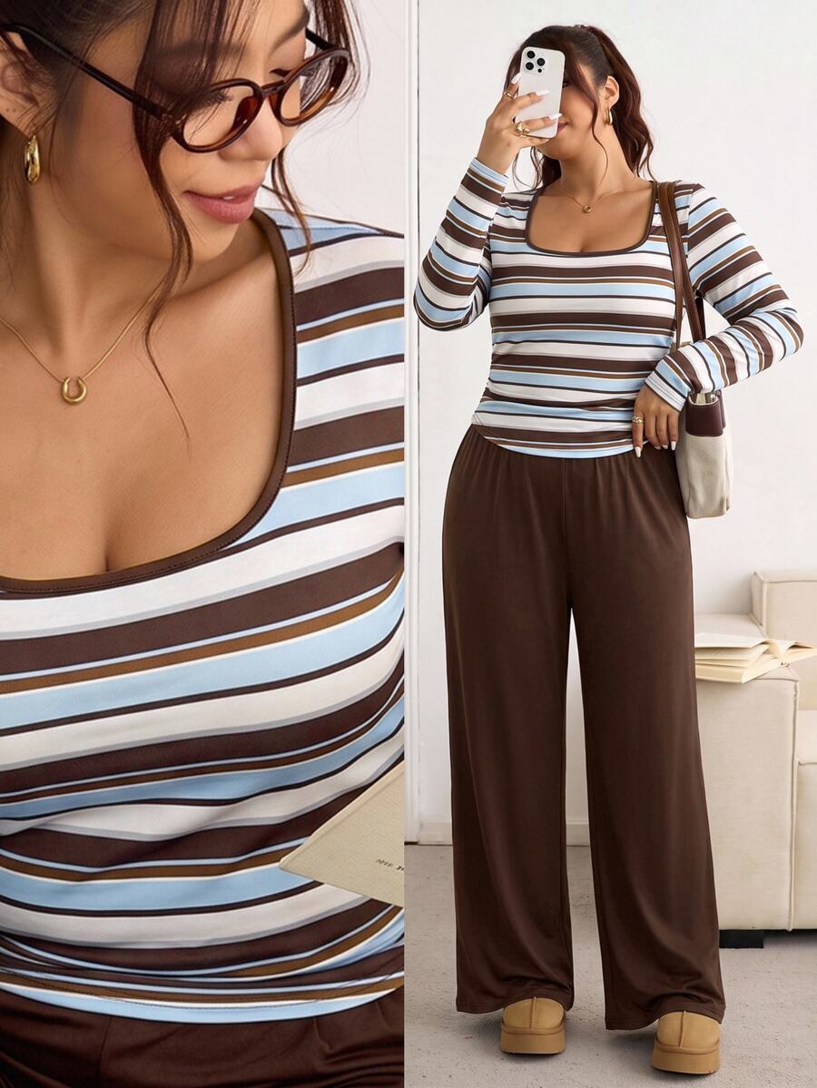 SHEIN Frenchy Plus Size Autumn Casual Striped Top And Solid Color Pants 2 Pieces Set Casual Daily Going Out Sets For Women Casual 2 Pieces Set For Women Fall/Winter