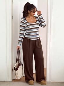 SHEIN Frenchy Plus Size Autumn Casual Striped Top And Solid Color Pants 2 Pieces Set Casual Daily Going Out Sets For Women Casual 2 Pieces Set For Women Fall/Winter - Multicolor - View 6