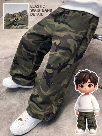 SHEIN Jeans anchos y holgados de mezclilla con estampado de camuflaje, cómodos y casuales, estilo Y2K para niños y preadolescentes