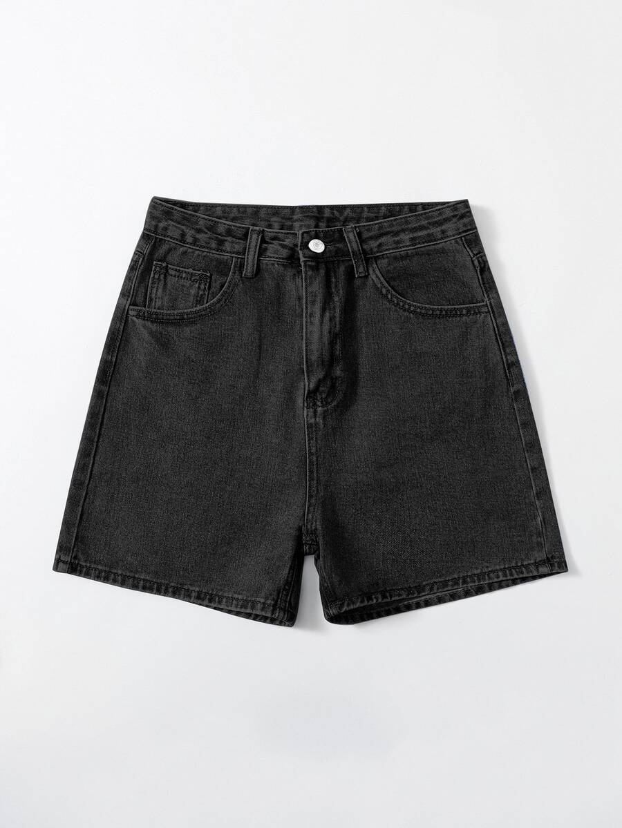 SHEIN EZwear 夏季休闲洗水牛仔短裤 - 黑色 - 查看 1