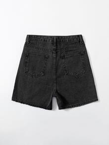 SHEIN EZwear 夏季休闲洗水牛仔短裤 - 黑色 - 查看 2