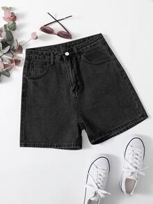 SHEIN EZwear 夏季休闲洗水牛仔短裤 - 黑色 - 查看 5