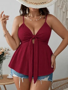 SHEIN VCAY Plus Knot Front Peplum Cami Summer Top - Burgundy - View 5