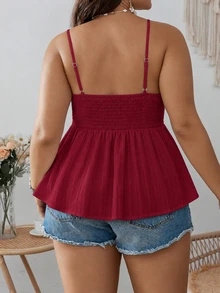 SHEIN VCAY Plus Knot Front Peplum Cami Summer Top - Burgundy - View 2