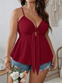 SHEIN VCAY Plus Knot Front Peplum Cami Summer Top - Burgundy - View 4