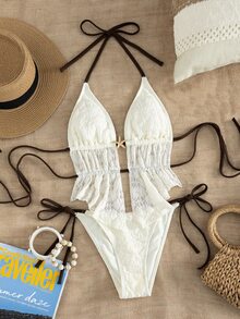 Swim Vcay Summer Vacation Sexy Starfish Decor Halter Backless Ruffle Tie Tankini Swimwear Set - Beige - View 2