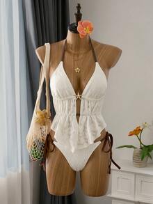 Swim Vcay Summer Vacation Sexy Starfish Decor Halter Backless Ruffle Tie Tankini Swimwear Set - Beige - View 4