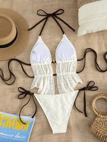 Swim Vcay Summer Vacation Sexy Starfish Decor Halter Backless Ruffle Tie Tankini Swimwear Set - Beige - View 5